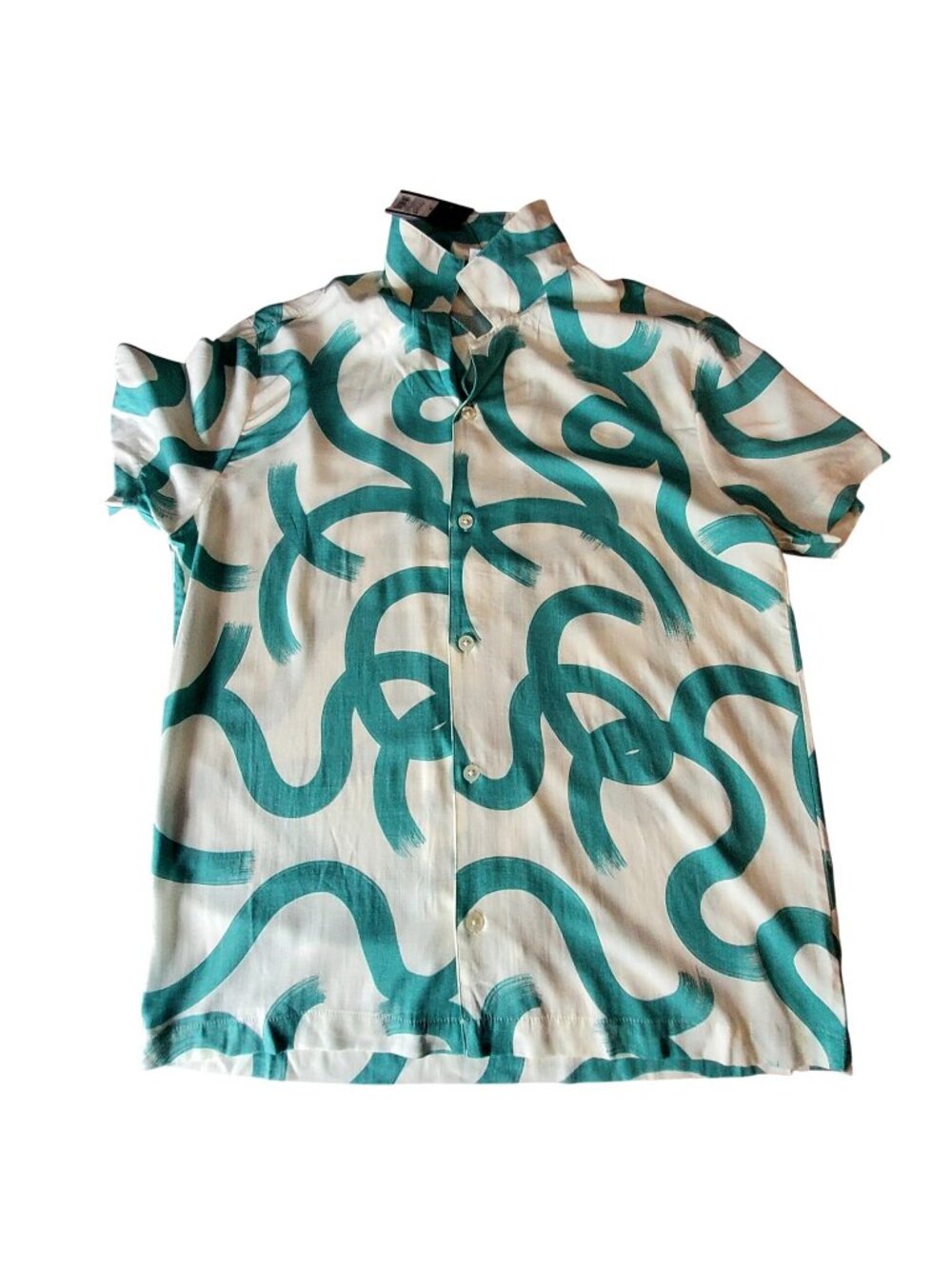Original Use Woven Resort Shirt  Size M Green & White Brushstroke Pattern